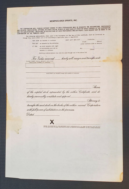 1972 ABA Memphis Pros Professional Basketball Team Stock Certificate