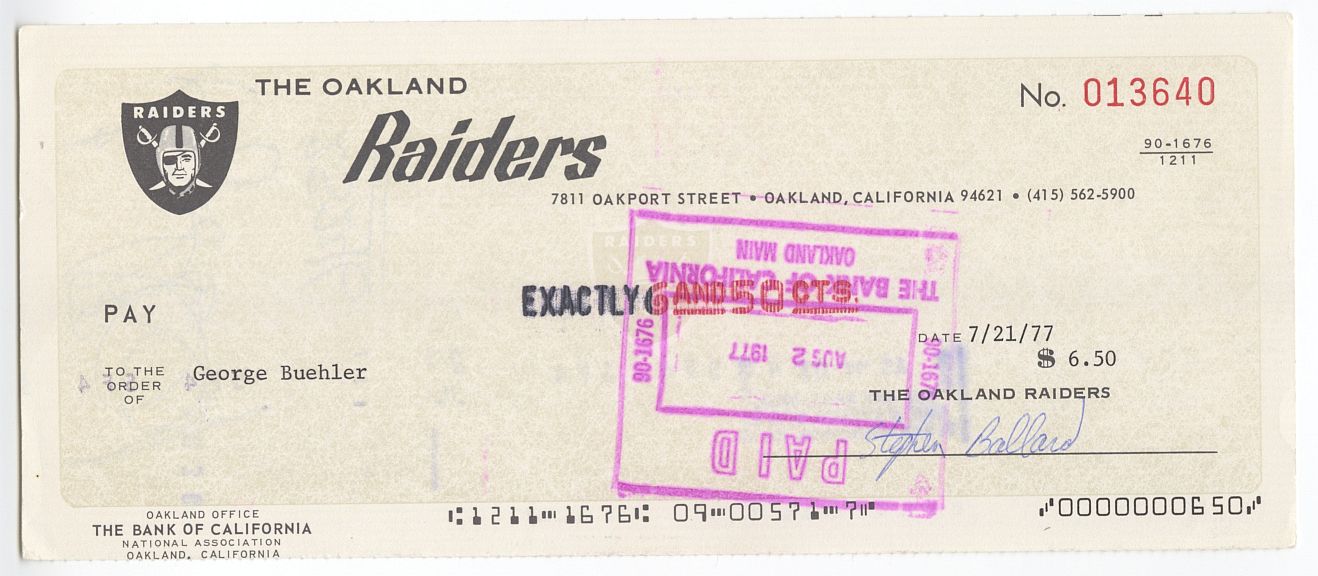 George Buehler Signed AUTO 1977 Oakland Raiders payroll Check