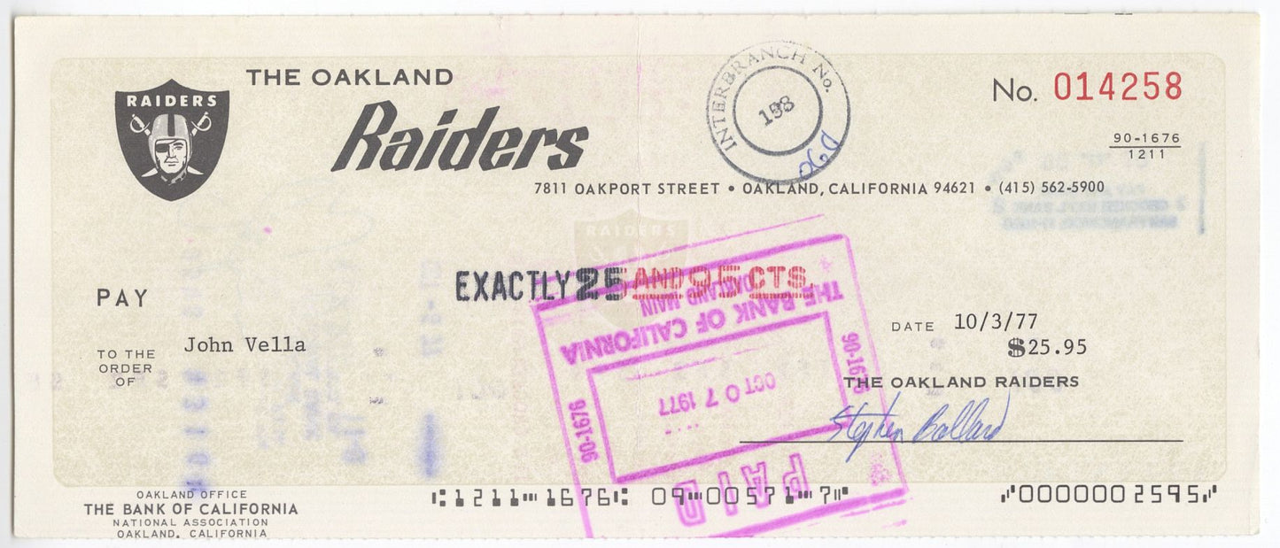 John Vella Signed AUTO 1977 Oakland Raiders payroll Check