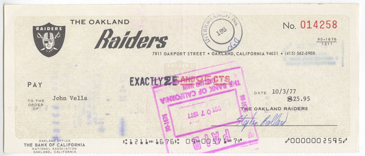 John Vella Signed AUTO 1977 Oakland Raiders payroll Check