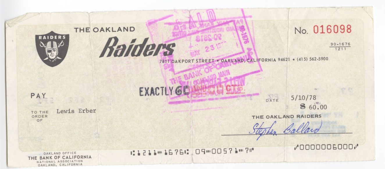Lew Erber (D. 1990) Signed AUTO 1978 Oakland Raiders payroll Check
