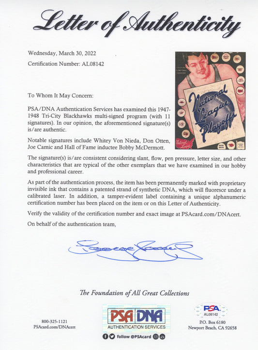 1947-48 Tri-Cities Blackhawks NBL Basketball Program Team Signed AUTO /w Bobby McDermott PSA/DNA LOA