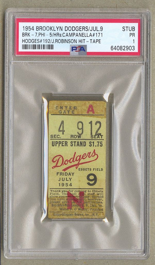 1954 Brooklyn Dodgers vs Phillies Jul 9 ticket Stub Campy #171 & Hodges #192 HR Jackie Robinson Hit PSA
