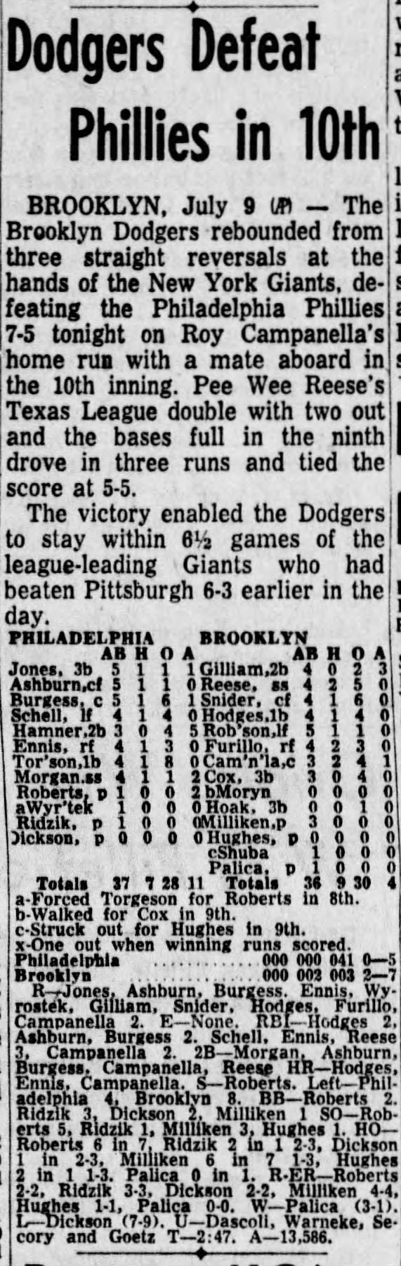 1954 Brooklyn Dodgers vs Phillies Jul 9 ticket Stub Campy #171 & Hodges #192 HR Jackie Robinson Hit PSA