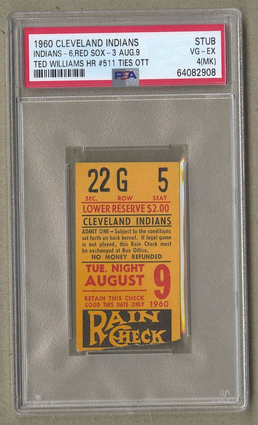 1960 Ted Williams HR #511 ties Mel Ott Cleveland Indians vs Red Sox Aug 9 Ticket Stub PSA - Pop 1
