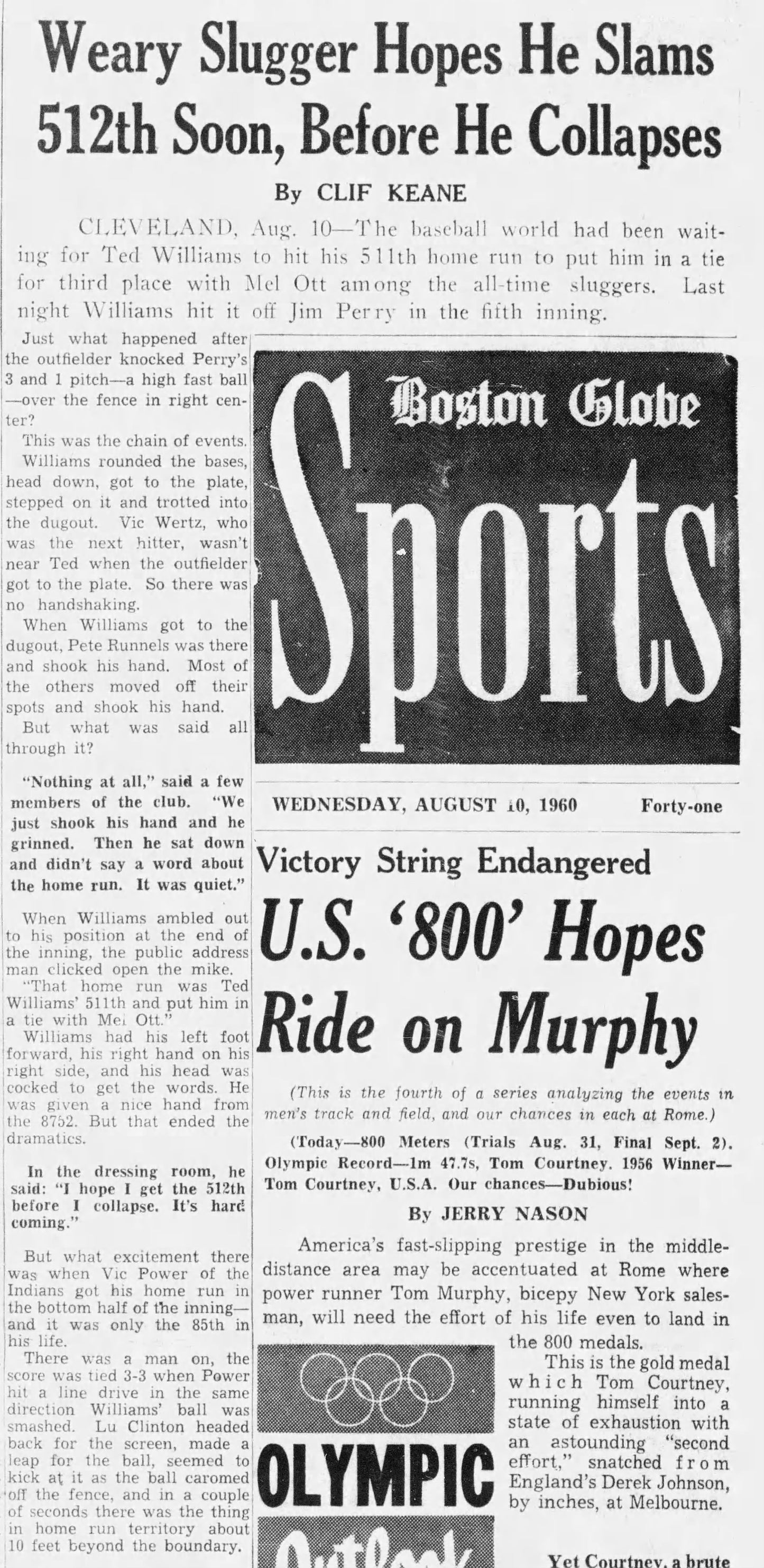 1960 Ted Williams HR #511 ties Mel Ott Cleveland Indians vs Red Sox Aug 9 Ticket Stub PSA - Pop 1