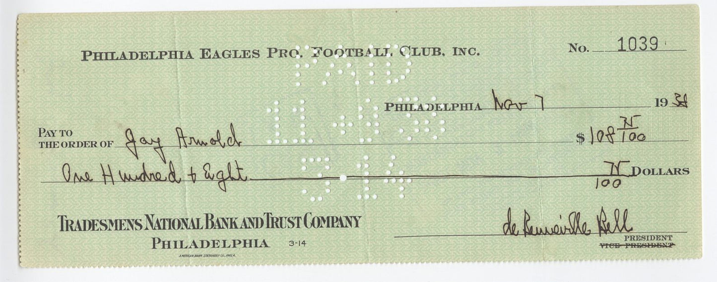 Bert Bell D.1959 FB HOF signed Eagles payroll check to Jay Arnold D. 1982