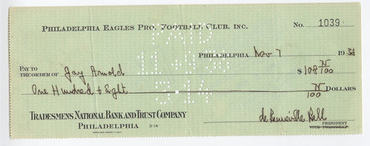 Bert Bell D.1959 FB HOF signed Eagles payroll check to Jay Arnold D. 1982