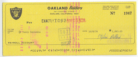 Terry Robiskie Signed AUTO 1978 Oakland Raiders payroll Check