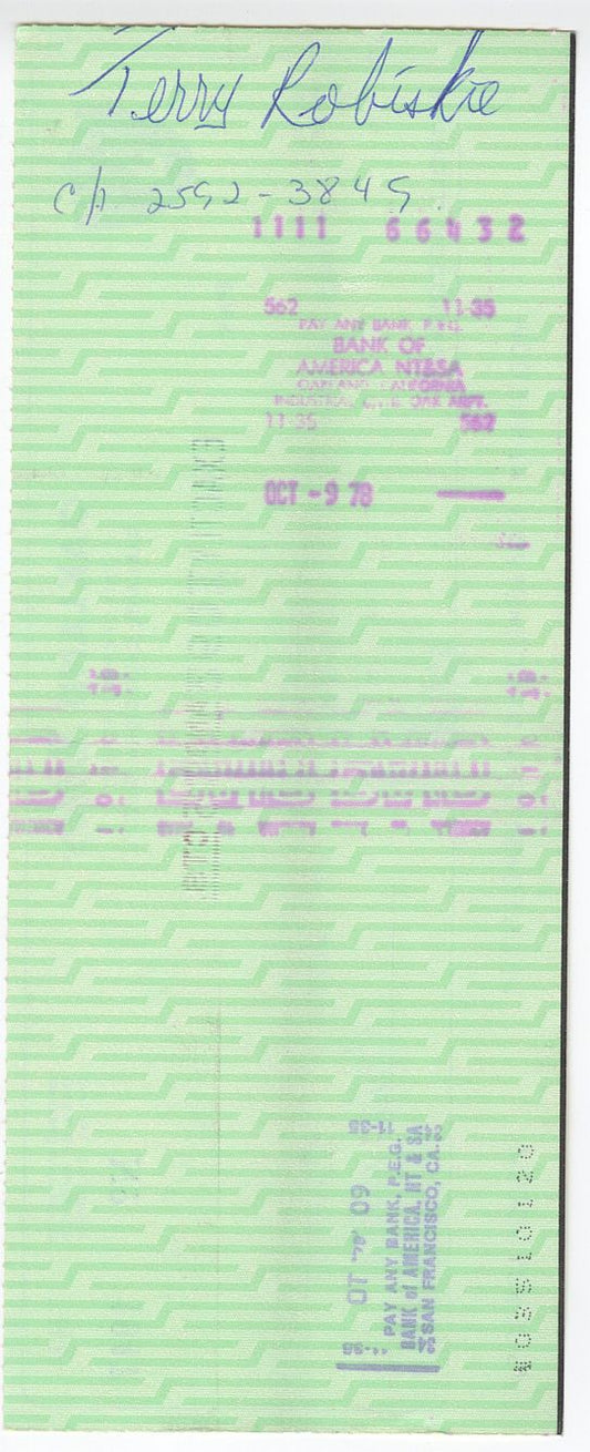 Terry Robiskie Signed AUTO 1978 Oakland Raiders payroll Check