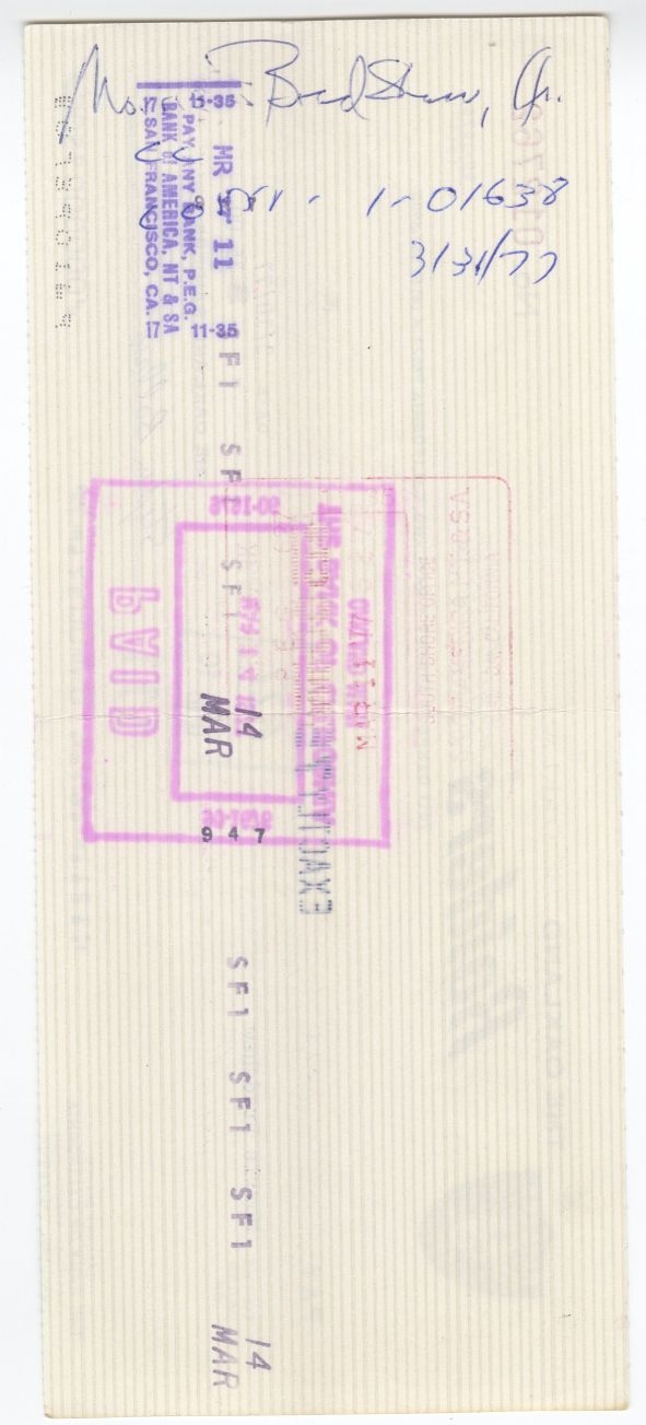 Morris Bradshaw Signed AUTO 1977 Oakland Raiders payroll Check