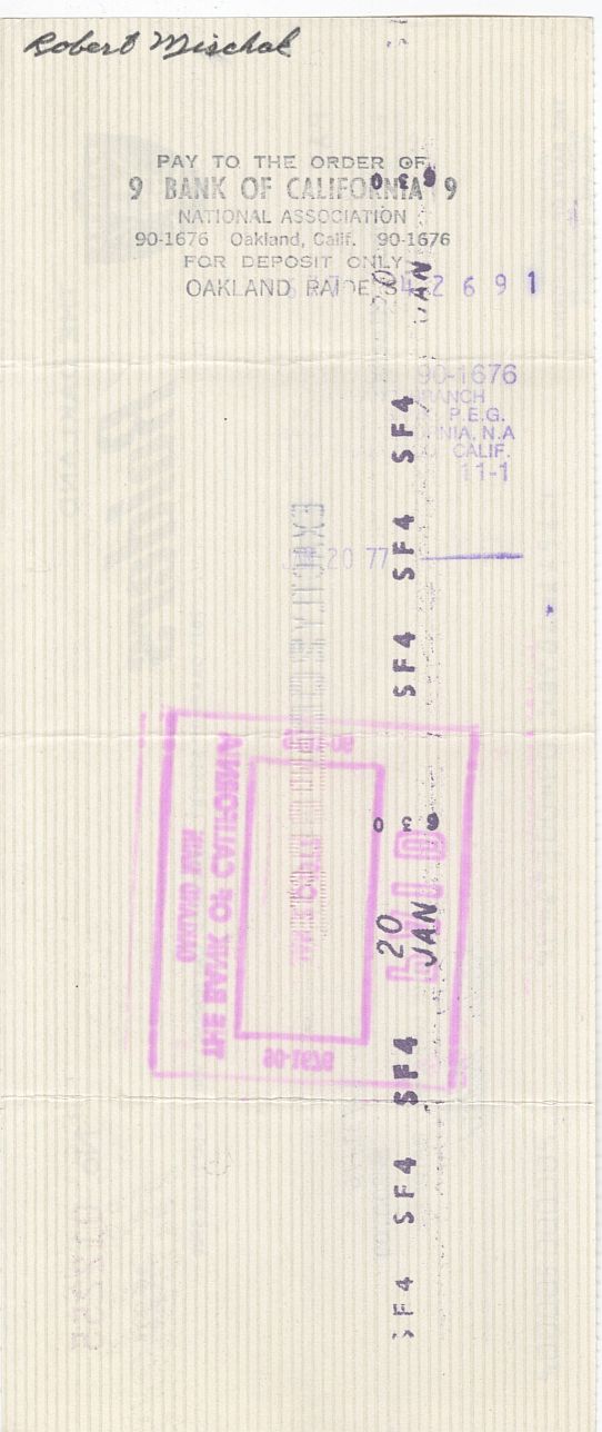 Bob Mischak (D. 2014) Signed AUTO 1976 Oakland Raiders payroll Check