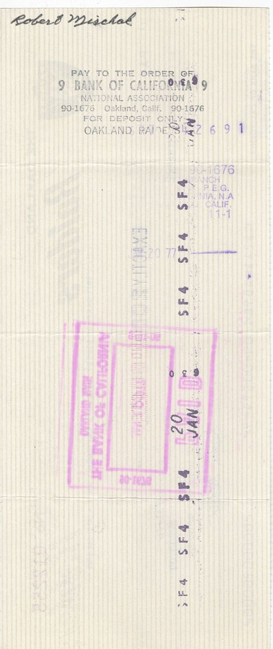 Bob Mischak (D. 2014) Signed AUTO 1976 Oakland Raiders payroll Check