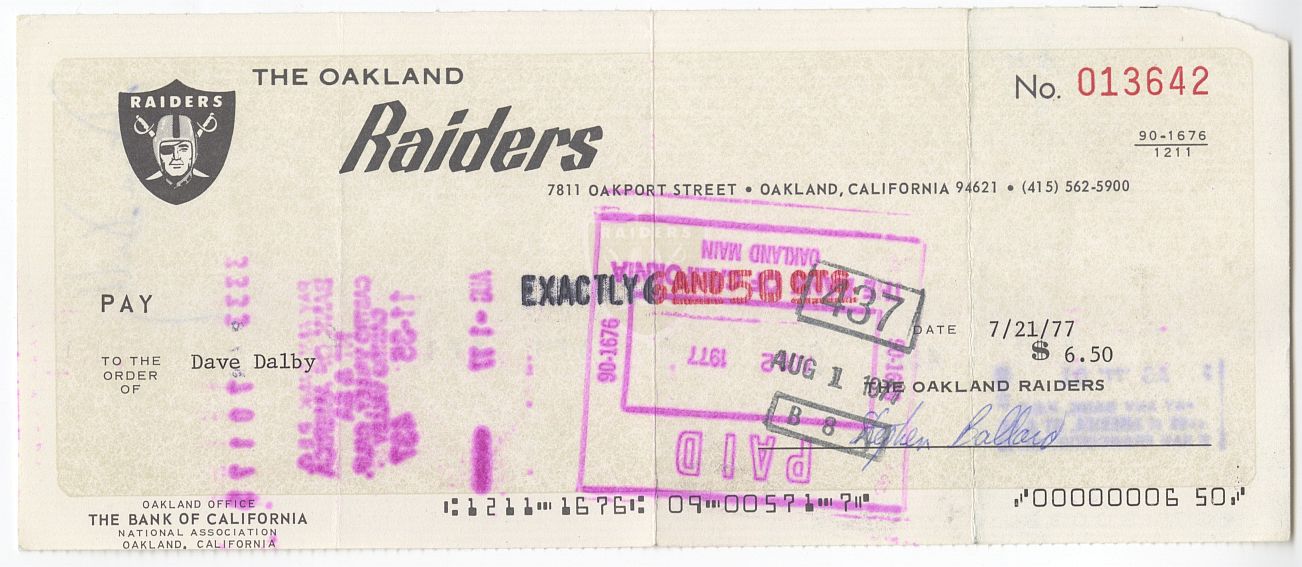 Dave Dalby (D. 2002) Signed Oakland Raiders Payroll Check From 1977