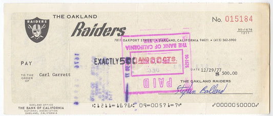 Carl Garrett (D.2020) Signed Oakland Raiders Payroll Check From 1977