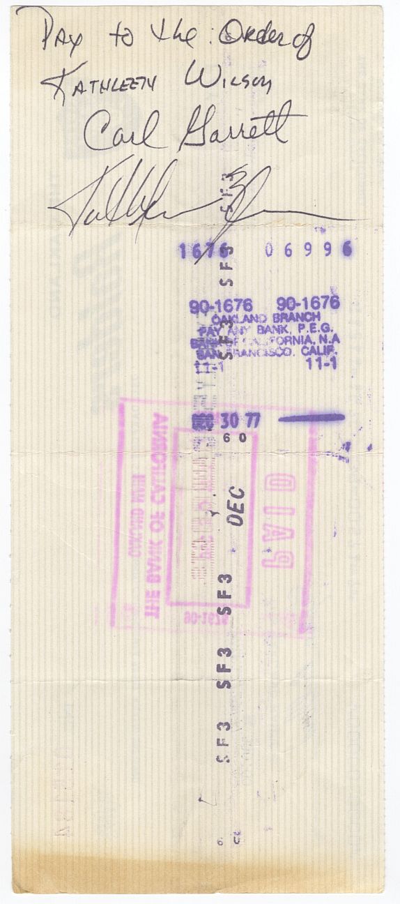 Carl Garrett (D.2020) Signed Oakland Raiders Payroll Check From 1977