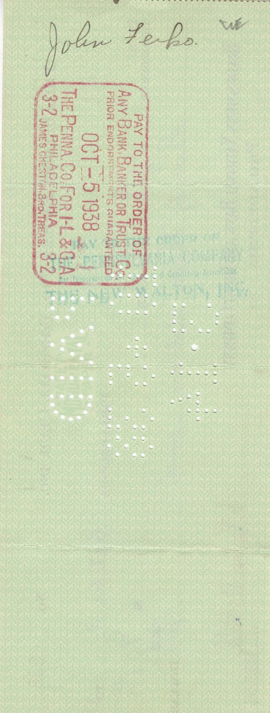 Bert Bell D.1959 FB HOF signed Eagles payroll check to John Fritz Ferko D. 1974