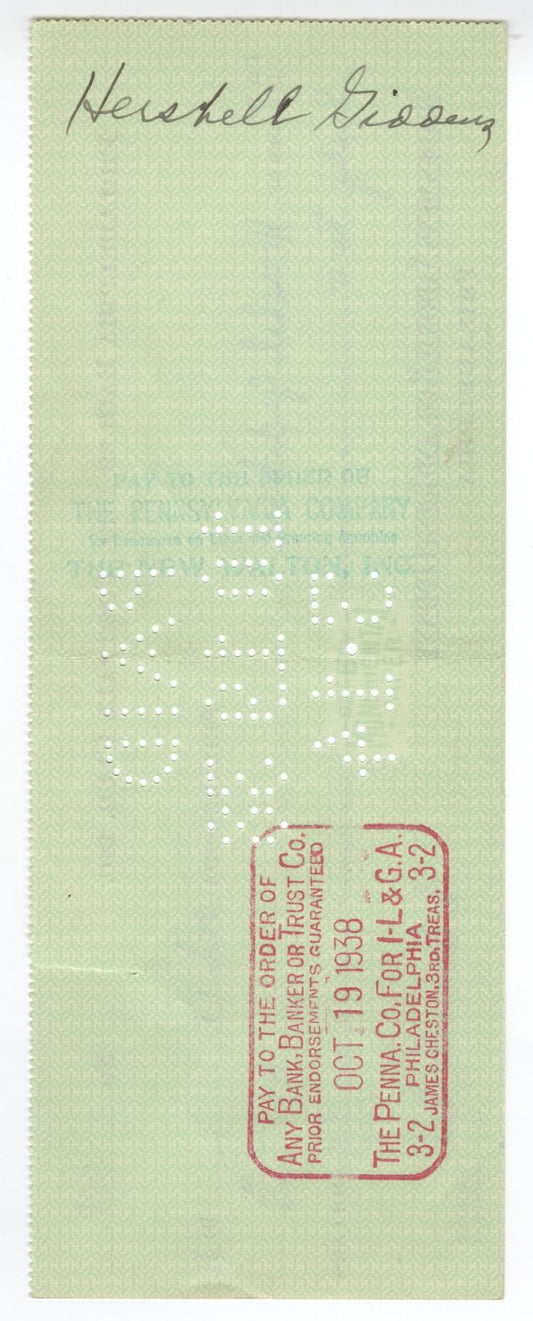 Bert Bell D.1959 FB HOF signed Eagles payroll check to Herschel Wimpy Giddens D.59