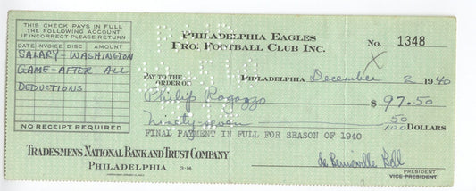 Bert Bell D.1959 FB HOF signed Eagles payroll check to Phil Ragazzo