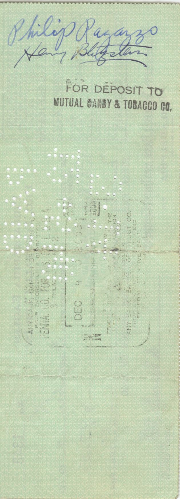 Bert Bell D.1959 FB HOF signed Eagles payroll check to Phil Ragazzo