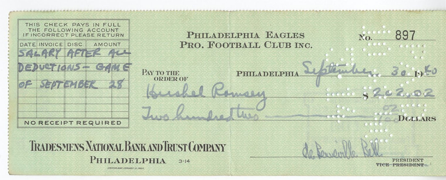 Bert Bell D.1959 FB HOF signed Eagles payroll check to Herschel Red Ramsey