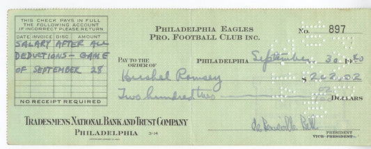 Bert Bell D.1959 FB HOF signed Eagles payroll check to Herschel Red Ramsey