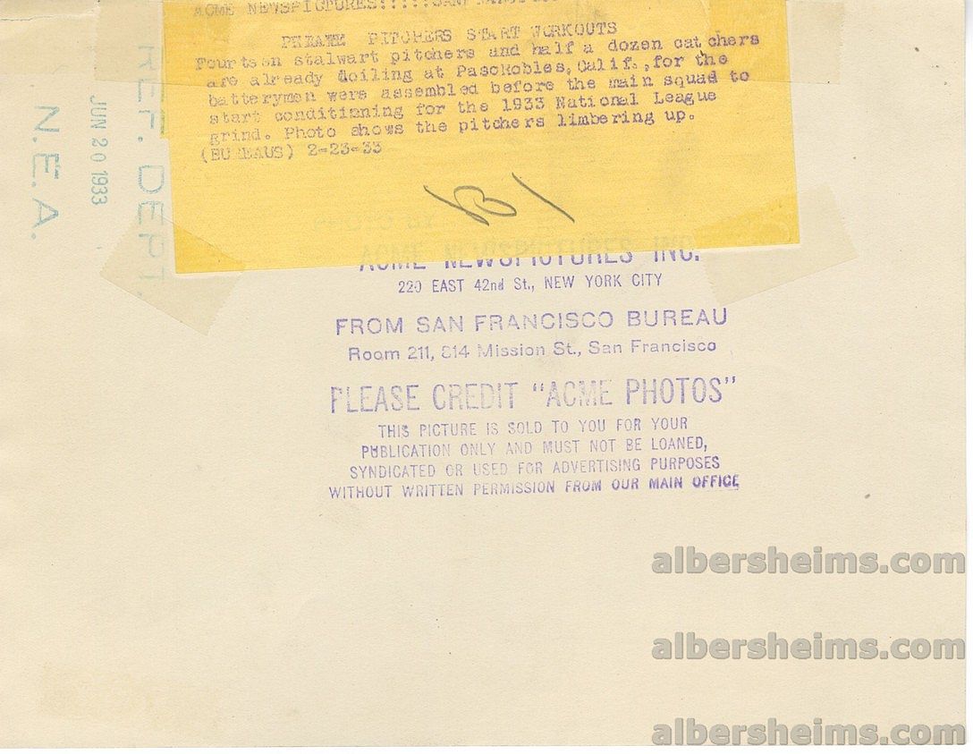 1933 Pittsburgh Pirates Pitchers at Spring Training with Waite Hoyt Original TYPE 1 Photo