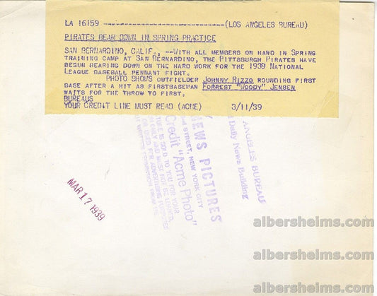 1939 Pittsburgh Pirates Johnny Rizzo & Woody Jensen Spring Training Action Original TYPE 1 Photo