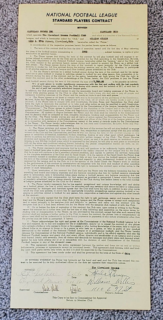 Bill Willis Bert Bell & Paul Brown Signed AUTO 1952 NFL Cleveland Browns Contract