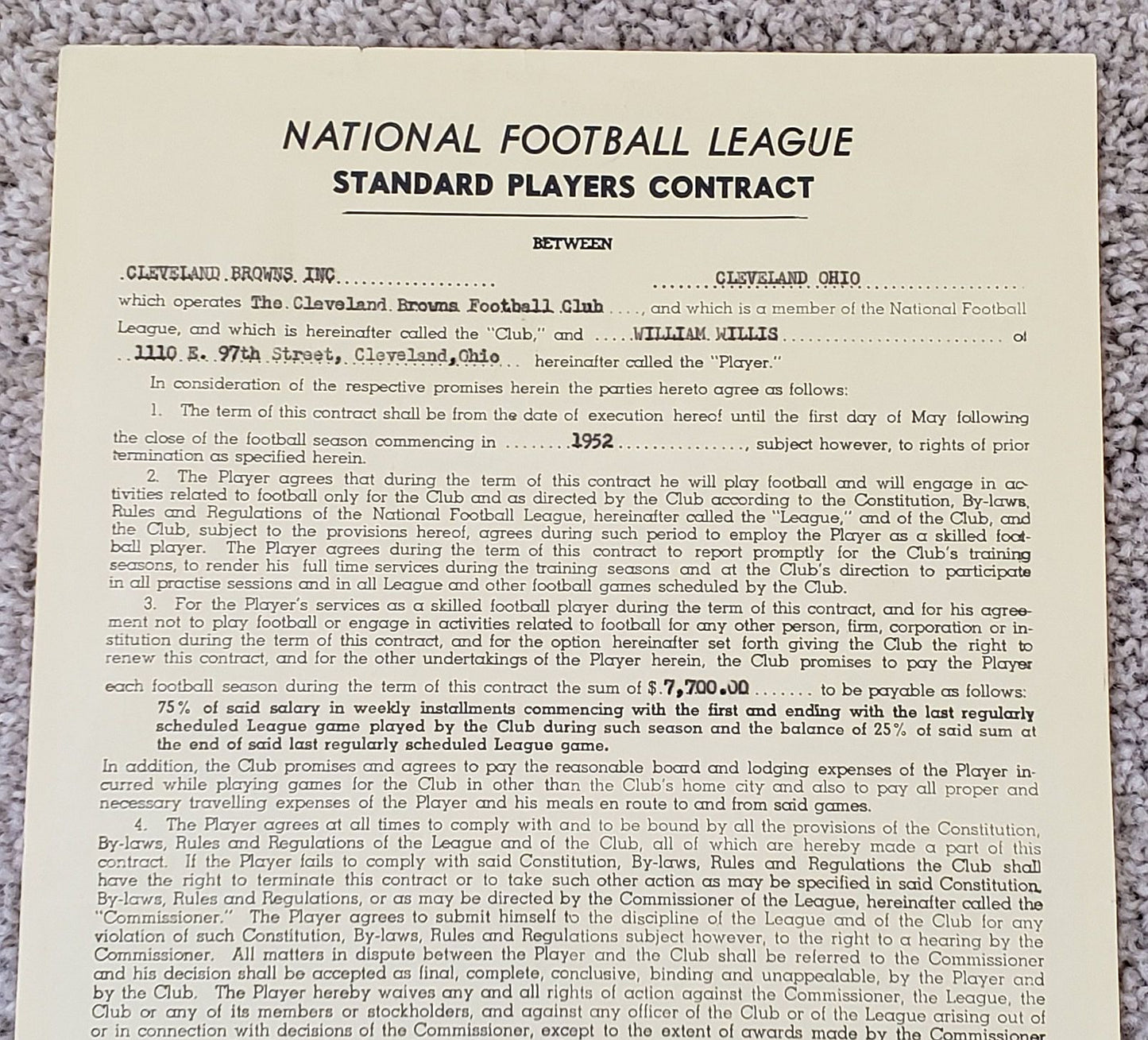 Bill Willis Bert Bell & Paul Brown Signed AUTO 1952 NFL Cleveland Browns Contract