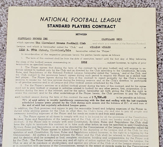 Bill Willis Bert Bell & Paul Brown Signed AUTO 1952 NFL Cleveland Browns Contract