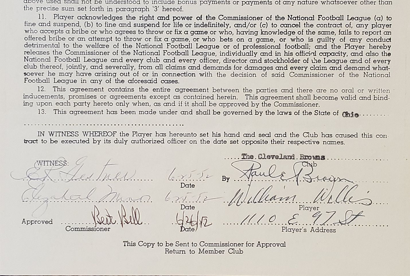 Bill Willis Bert Bell & Paul Brown Signed AUTO 1952 NFL Cleveland Browns Contract