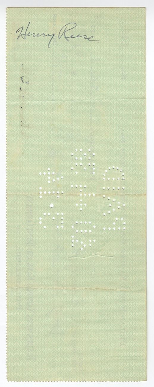 Bert Bell D.1959 FB HOF signed Eagles payroll check to Henry Reese