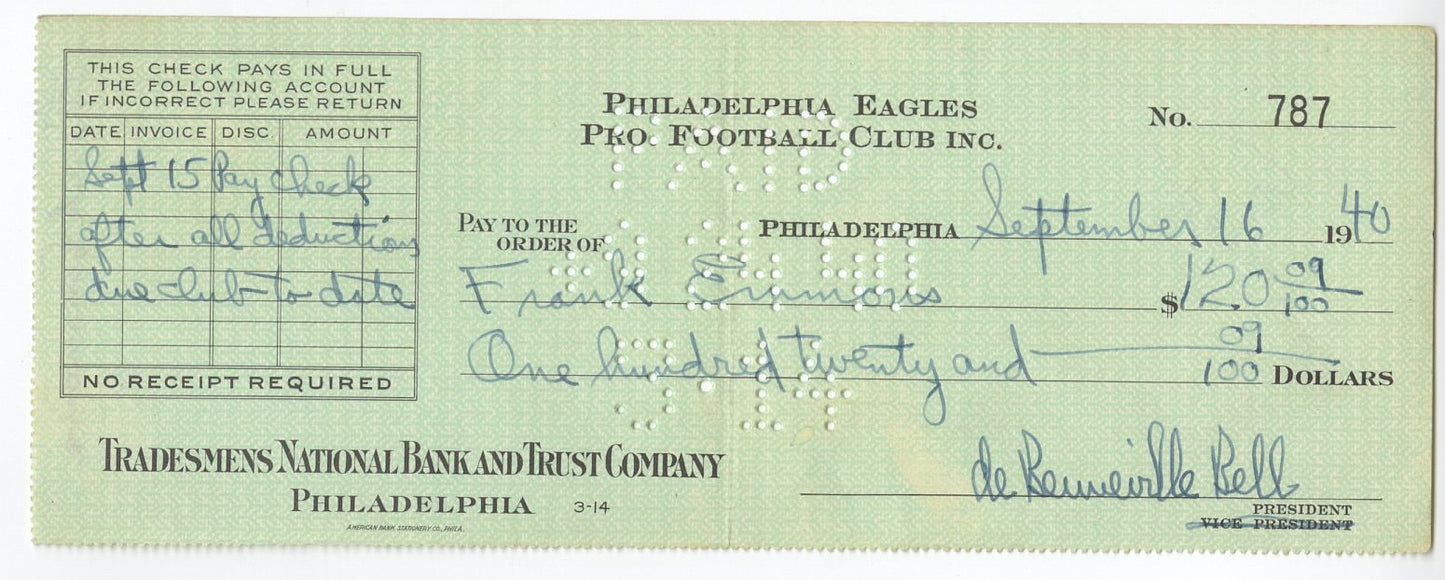 Bert Bell D.1959 FB HOF signed Eagles payroll check to Frank Emmons