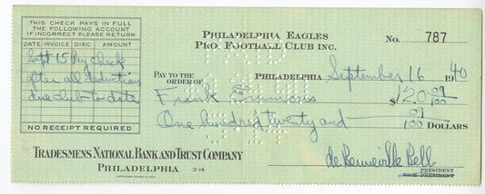 Bert Bell D.1959 FB HOF signed Eagles payroll check to Frank Emmons