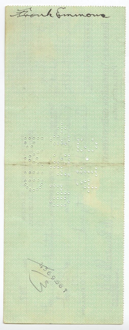 Bert Bell D.1959 FB HOF signed Eagles payroll check to Frank Emmons