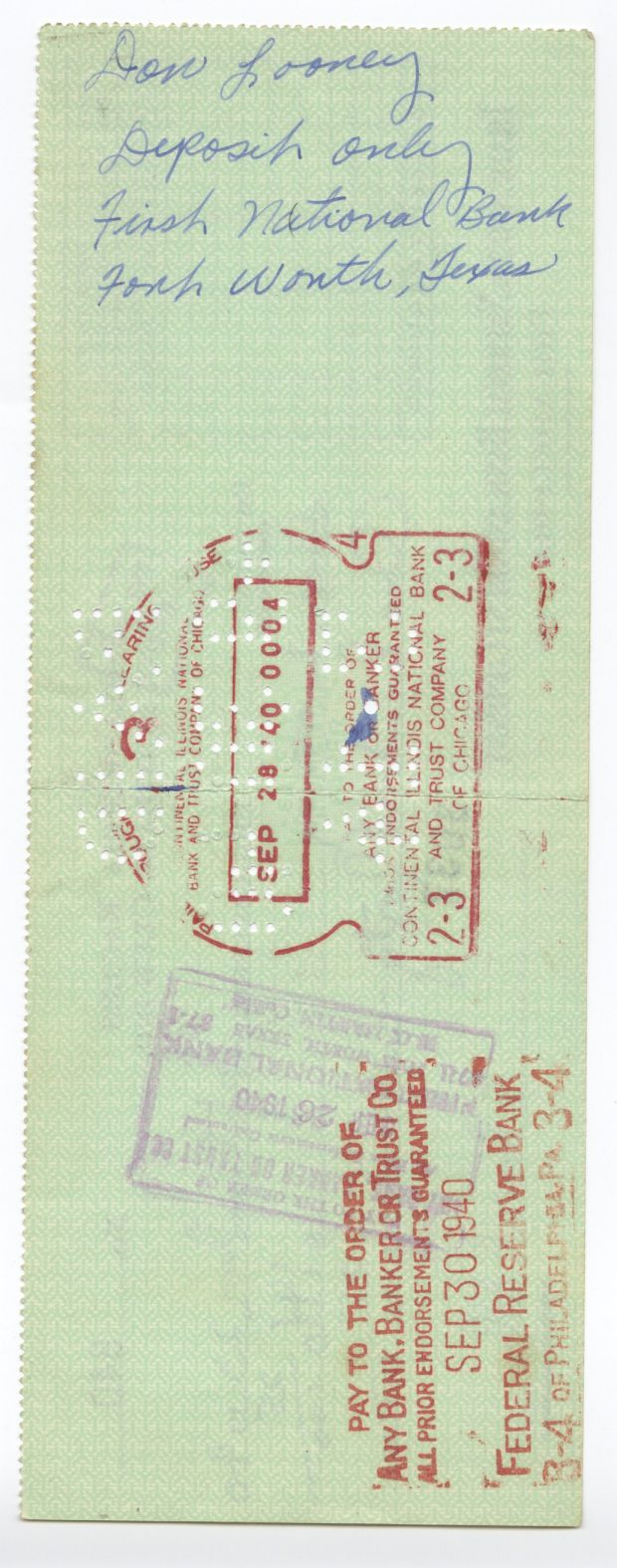 Bert Bell D.1959 FB HOF signed Eagles payroll check to Don Looney father of Joe Don