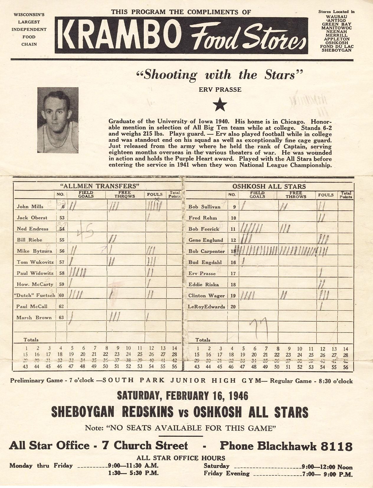 1946 Oshkosh All Stars vs Cleveland Allmen Transfers Scorecard Program - Bob Carpenter Sets Single Game Scoring Record