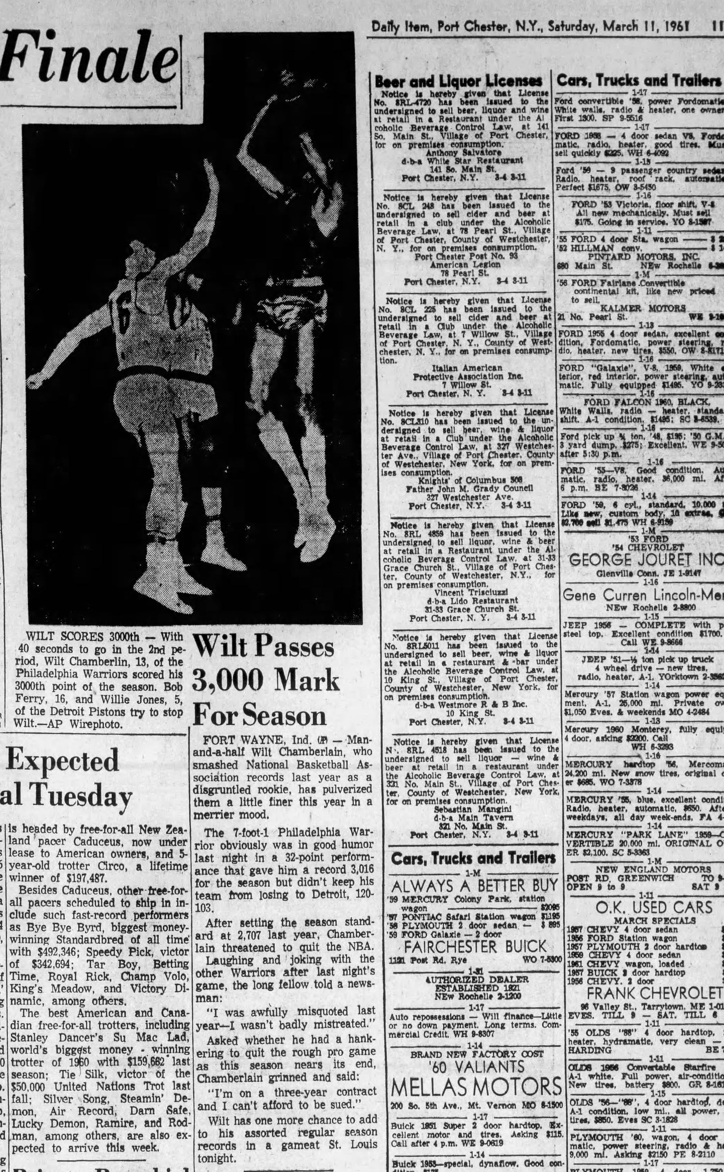 Wilt Chamberlain Becomes the 1st NBA player to Score 3000 points in a Season 3/10 1961 Pistons vs Warriors Ticket Stub PSA