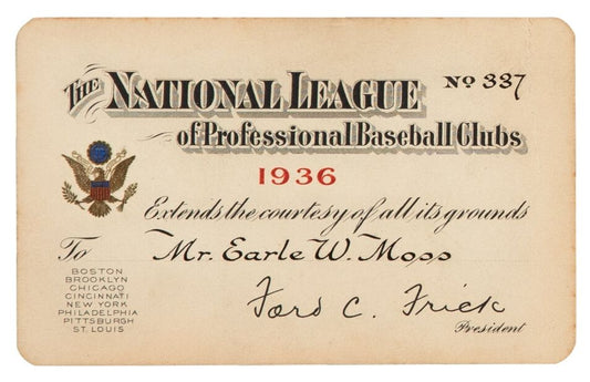 1936 National League Season Pass Ticket - Walt Alston & Johnny Mize MLB Debuts