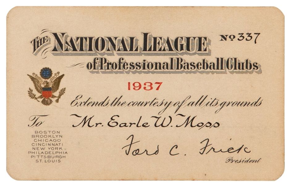 1937 National League Season Pass Ticket - Vince DiMaggio & Johnny Vander Meer MLB Debuts - Frankhouse No-Hitter