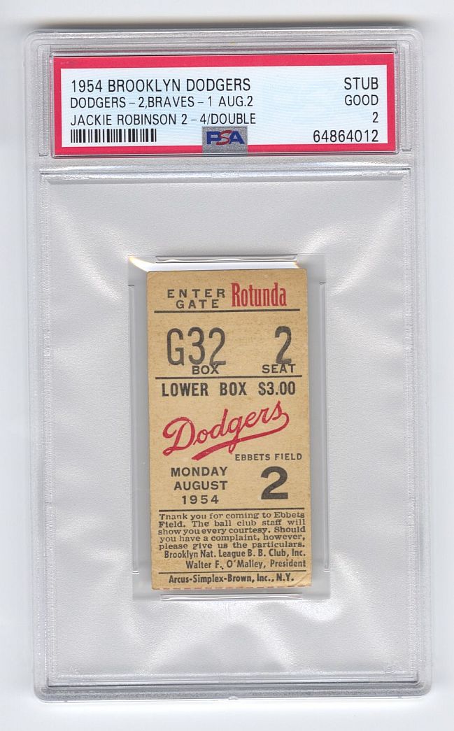 1954 Brooklyn Dodgers vs Mil Braves 8/2 -Jackie Robinson 2 for 4 Ticket Stub PSA Pop 1