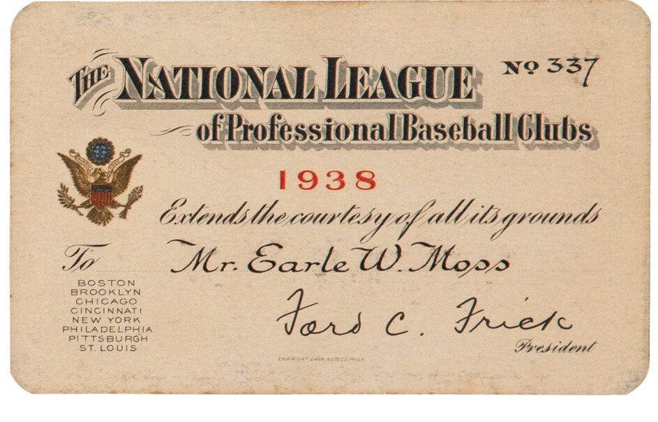 1938 National League Season Pass Ticket -Enos Slaughter MLB Debut - Babe Ruth coaching Debut