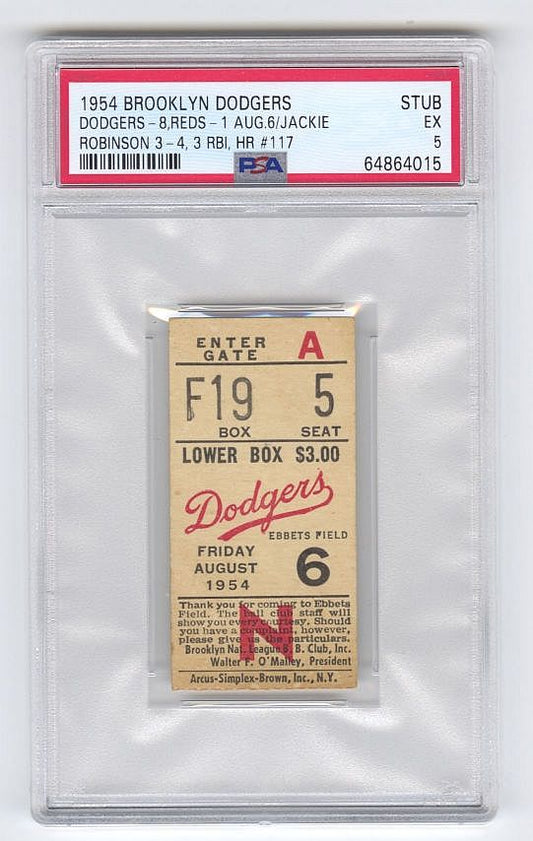 1954 Brooklyn Dodgers vs Reds 8/6 - Jackie Robinson 3 for 4, 3 RBI HR #117 PSA 5 Pop 1