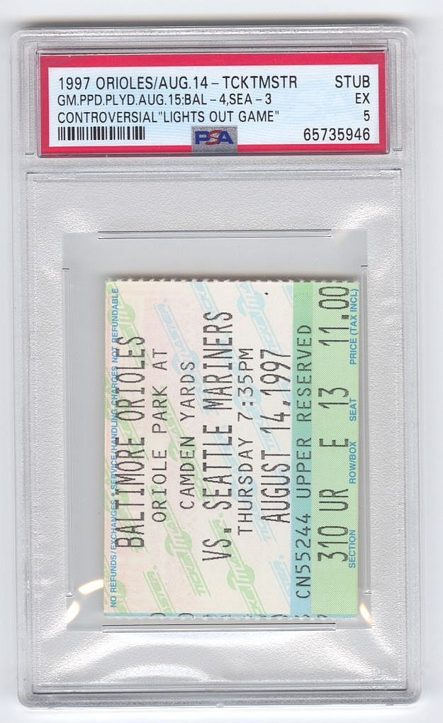 1997 Cal Ripken Jr. "Lights Out Game" Orioles vs. Mariners 8/14 Ticket Stub PSA 5