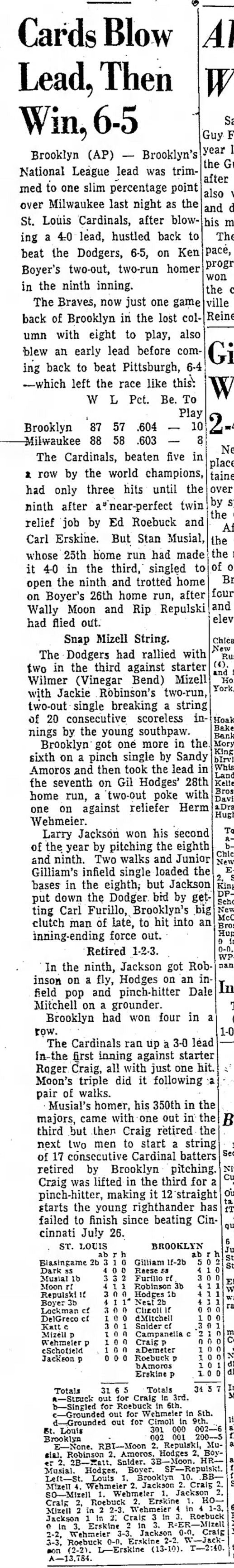 1956 Brooklyn Dodgers vs Cardinals 9/18 Gil Hodges HR #267 Stan Musial HR #350 PSA Pop 1