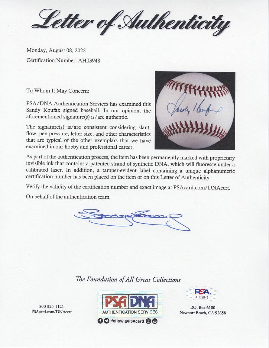 Sandy Koufax Single Signed AUTO NL Baseball (Giamatti) Brooklyn L.A. Dodgers PSA/DNA