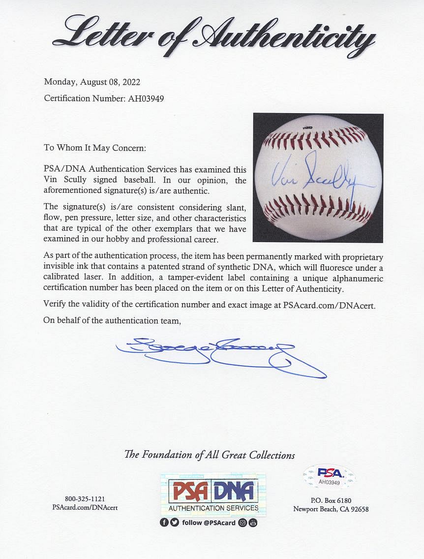 Vin Scully single signed 1997 AUTO NL (Coleman) Baseball Dodgers PSA/DNA LOA