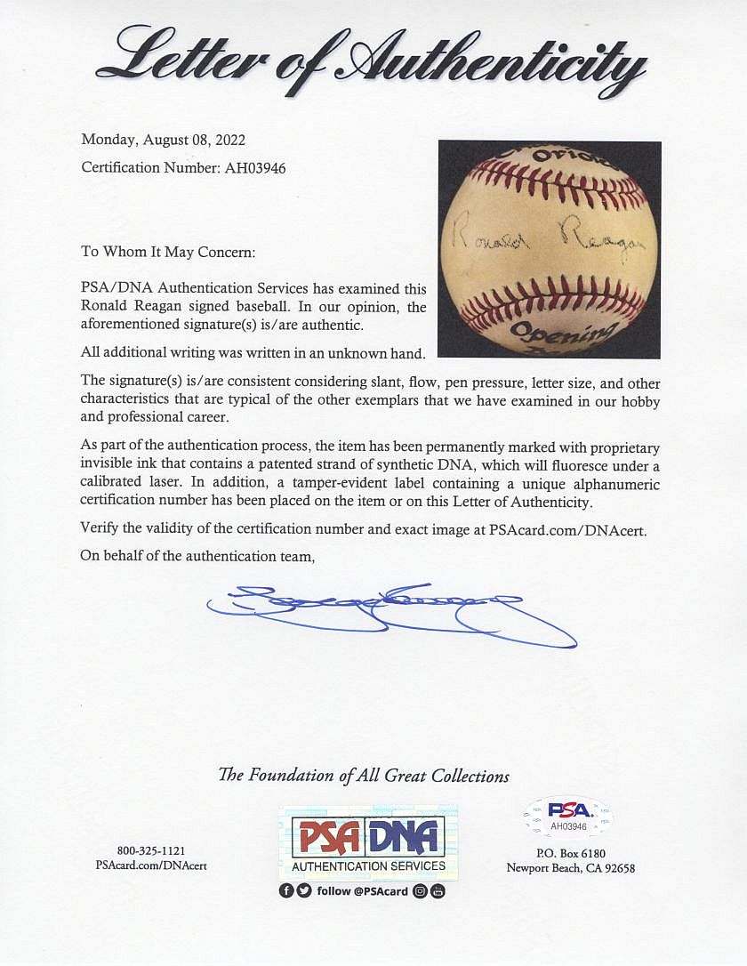 Ronald Reagan Single Signed Baseball Autographed on April 2, 1984 Orioles Opening Day PSA/DNA LOA