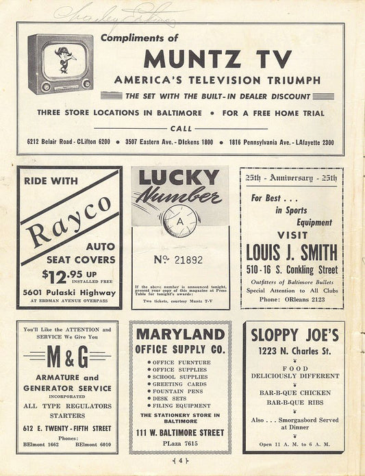 1952 Baltimore Bullets vs Milwaukee Hawks 3/10 Team Signed AUTO by 11 program /w Don Barksdale